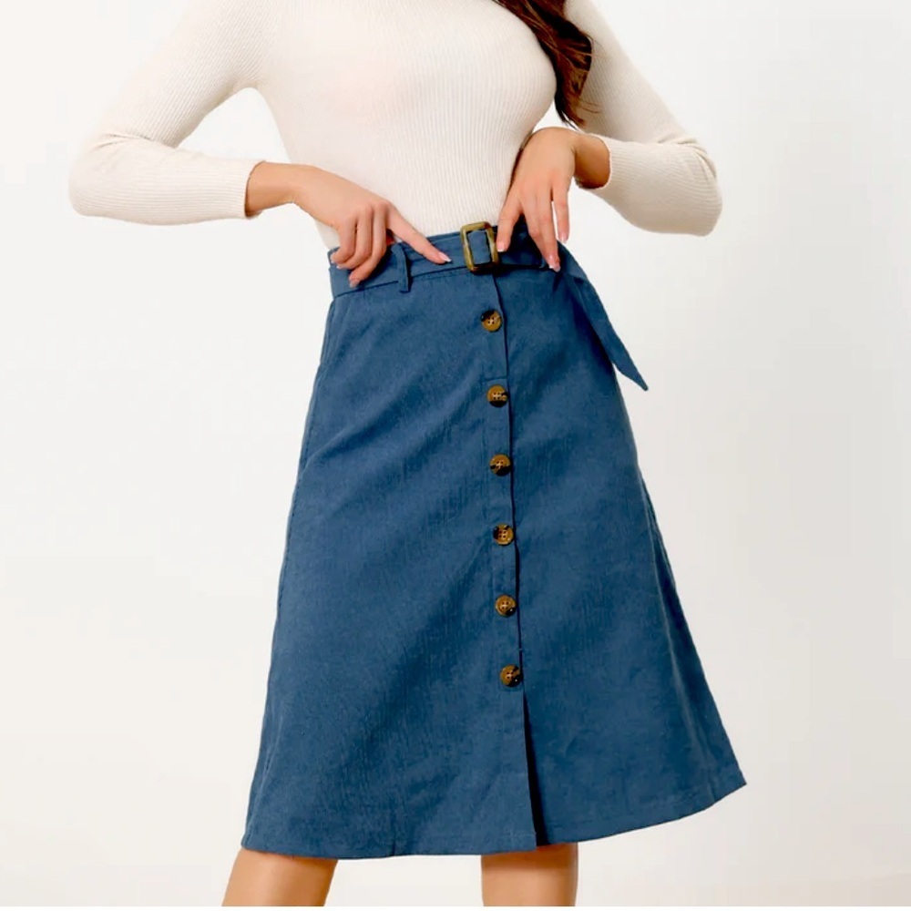 Allegra K High Waist Button Front‎ Belted Corduroy A-Line Midi Skirt